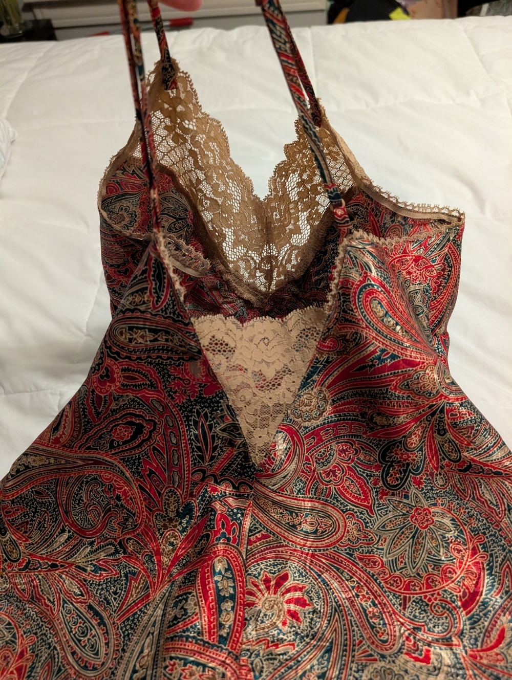 Victoria's Secret Paisley Satin Slip Dress in Red, Green and Beige Lace - Picture 7 of 7